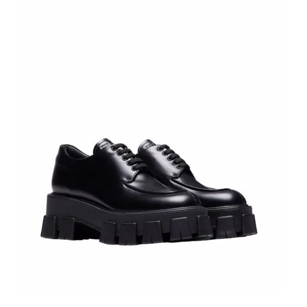Prada Monolith brushed leather black lace-up dress shoes with lug sole